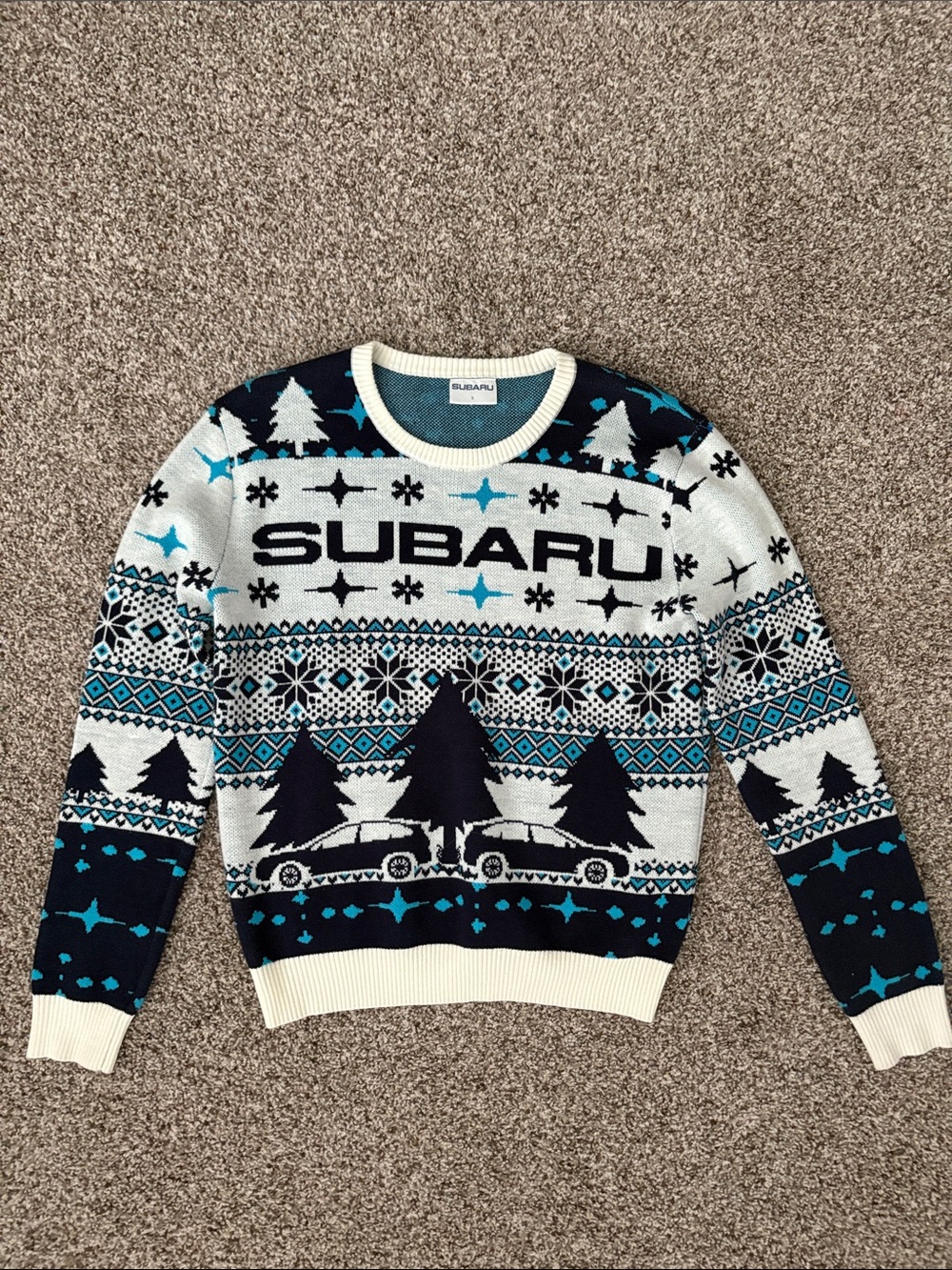 Men's Blue & White Holiday Subaru Knit Sweater